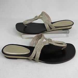 LK Bennett Sz 9 Open Toe T-Strap Gold Flat Sandals